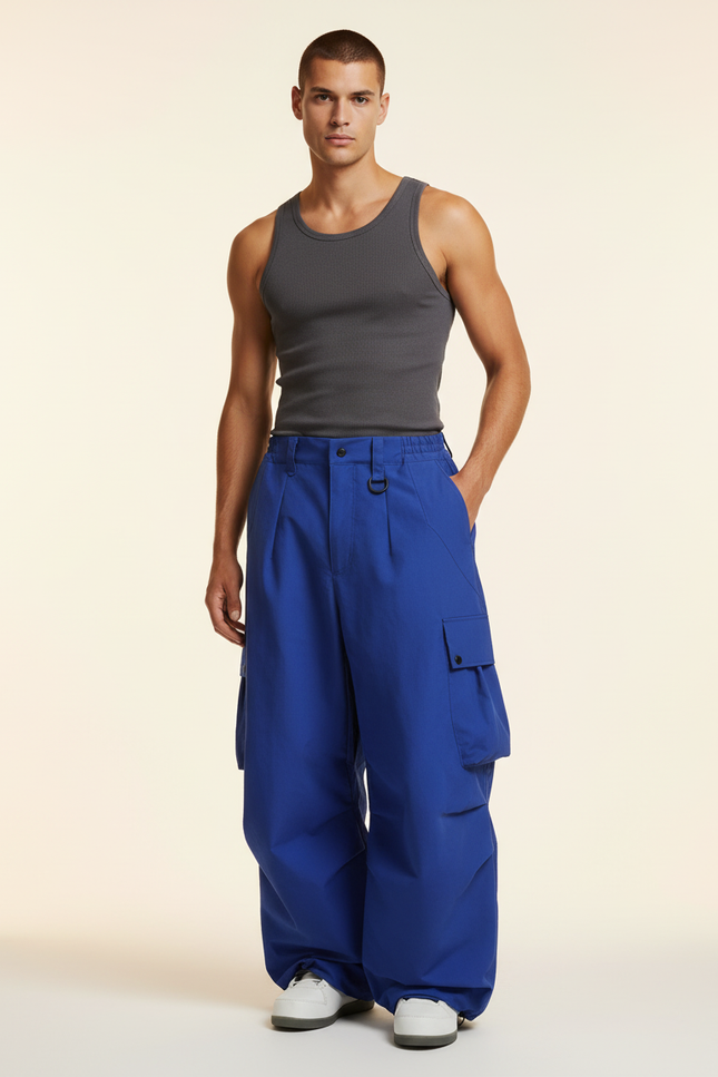 Pantalon Baggy Bleu Cargo Ample Plissé Homme - Polyester