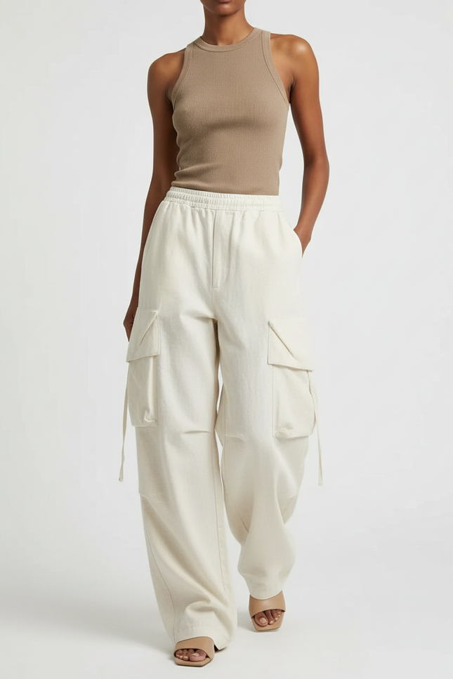 Pantalon Baggy Cargo Écru Ample Décontracté Fluide - Beige Toile