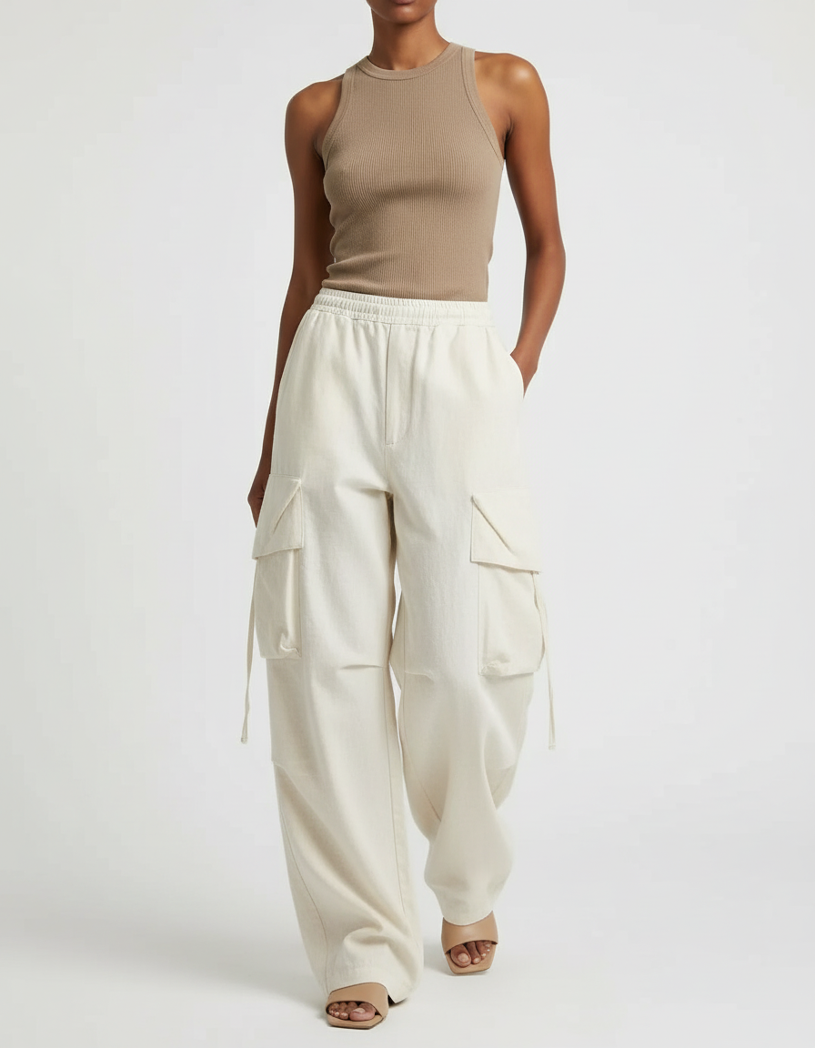 Pantalon Baggy Cargo Écru Ample Décontracté Fluide - Beige Toile