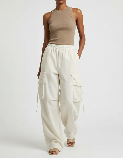 Pantalon Baggy Cargo Écru Ample Décontracté Fluide - Beige Toile