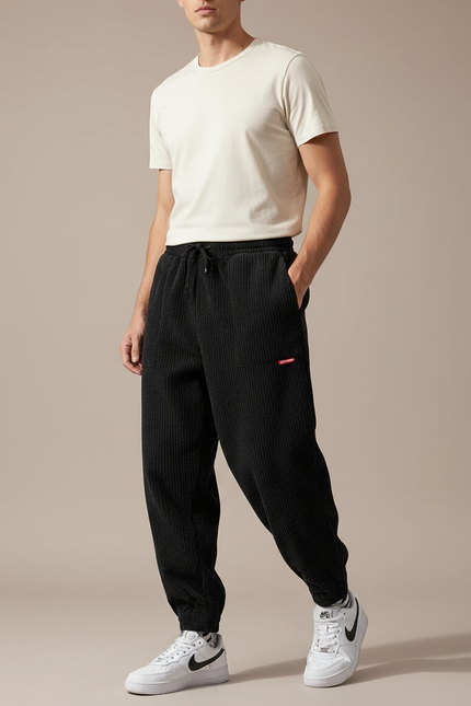 Pantalon Baggy Noir Velours Côtelé Ample Décontracté Homme - Cordé
