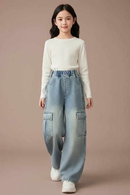 Pantalon Baggy Jean Bleu Décontracté Ample Fille