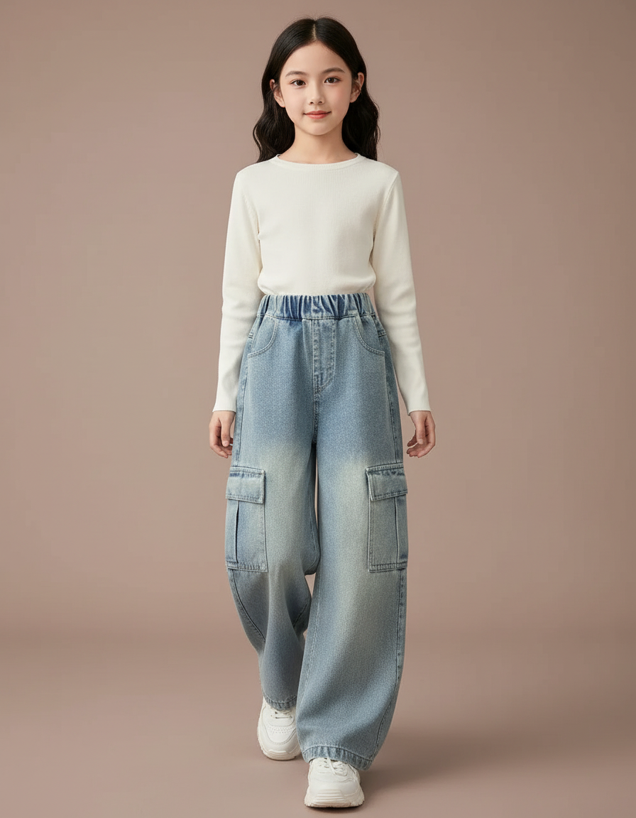 Pantalon Baggy Jean Bleu Décontracté Ample Fille