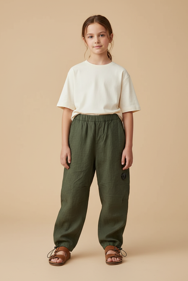 Pantalon Baggy Vert Lin Ample Enfant - Kaki