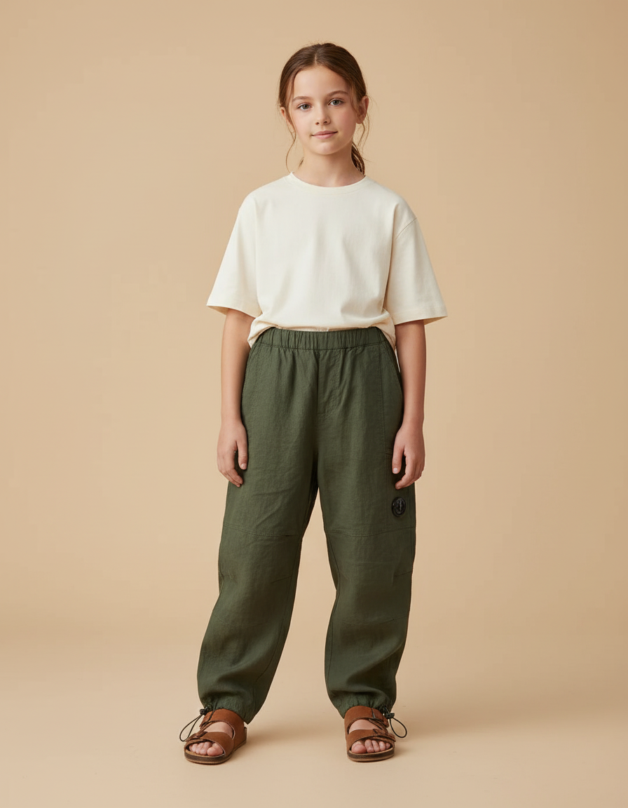 Pantalon Baggy Vert Lin Ample Enfant - Kaki