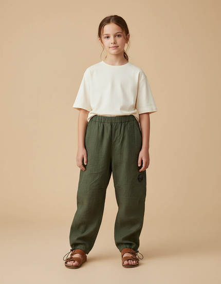 Pantalon Baggy Vert Lin Ample Enfant - Kaki