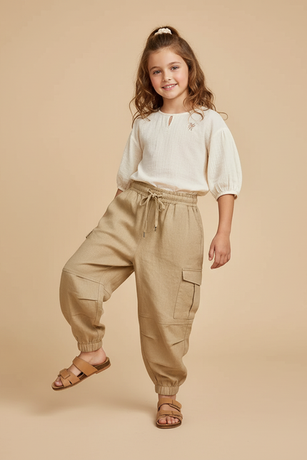 Pantalon Baggy Beige Lin Cargo Enfant