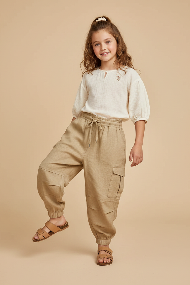 Pantalon Baggy Beige Lin Cargo Enfant