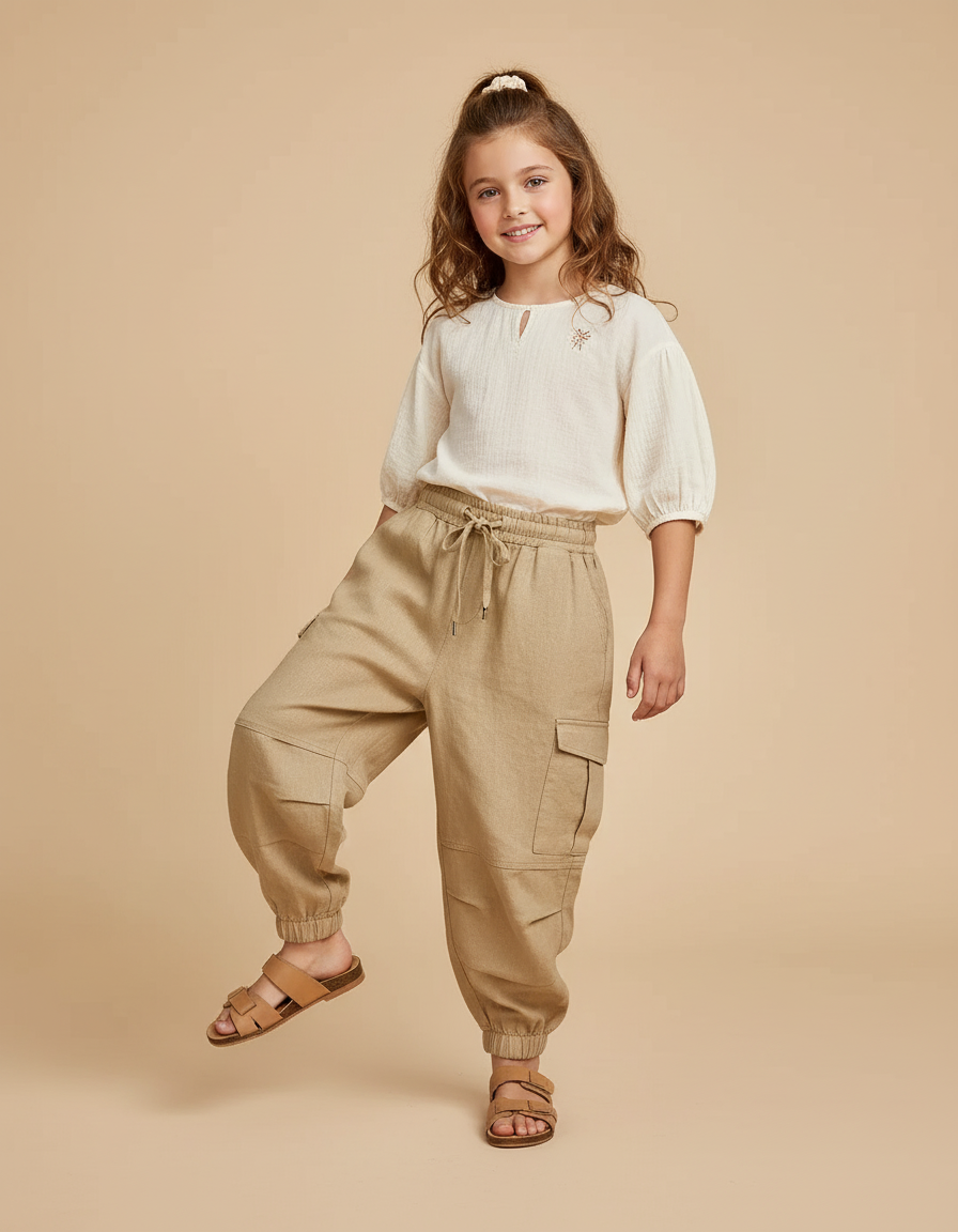 Pantalon Baggy Beige Lin Cargo Enfant