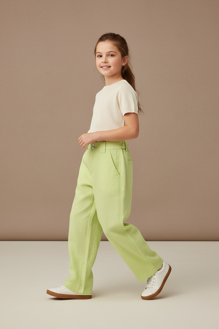 Pantalon Baggy Vert Citron Lin Ample Enfant