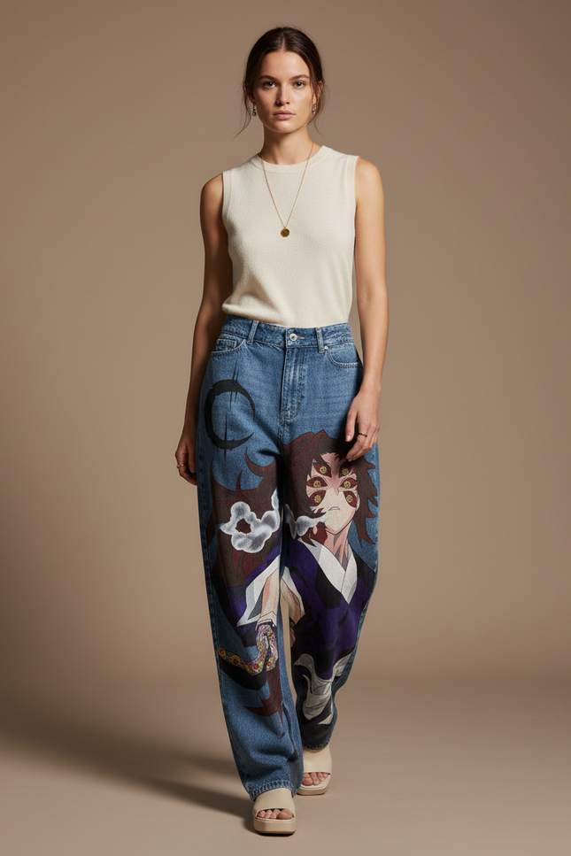 Pantalon Baggy Denim Imprimé Manga Large Bleu - Jean