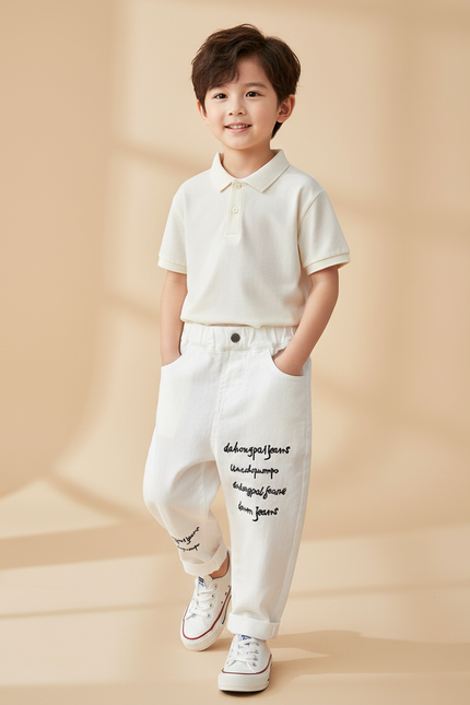 Pantalon Baggy Blanc Coton Imprimé Décontracté Enfant - Jean