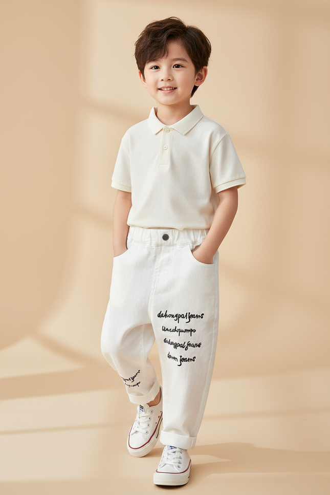 Pantalon Baggy Blanc Coton Imprimé Décontracté Enfant - Jean
