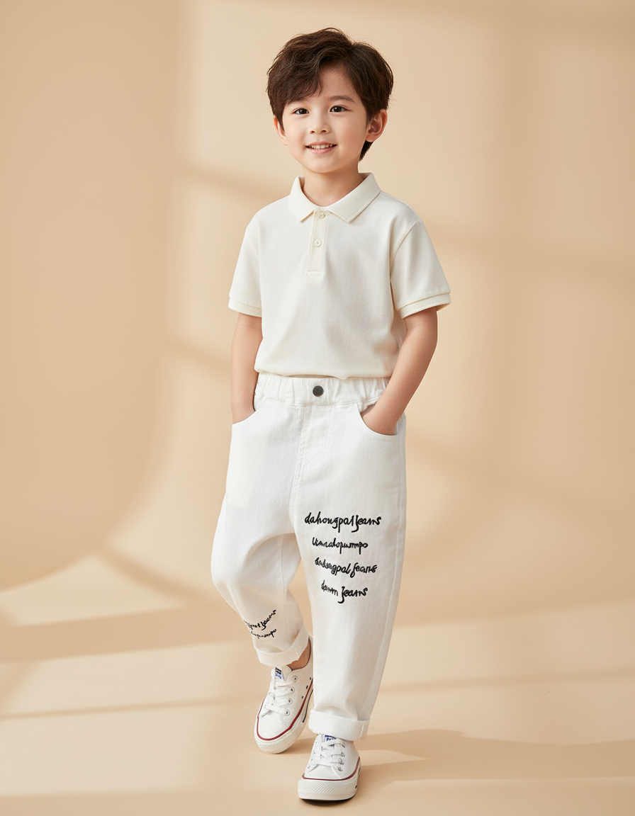 Pantalon Baggy Blanc Coton Imprimé Décontracté Enfant - Jean