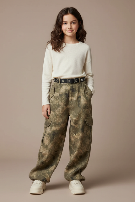 Pantalon Baggy Camouflage Ample Cargo Enfant Tendance - Kaki Toile
