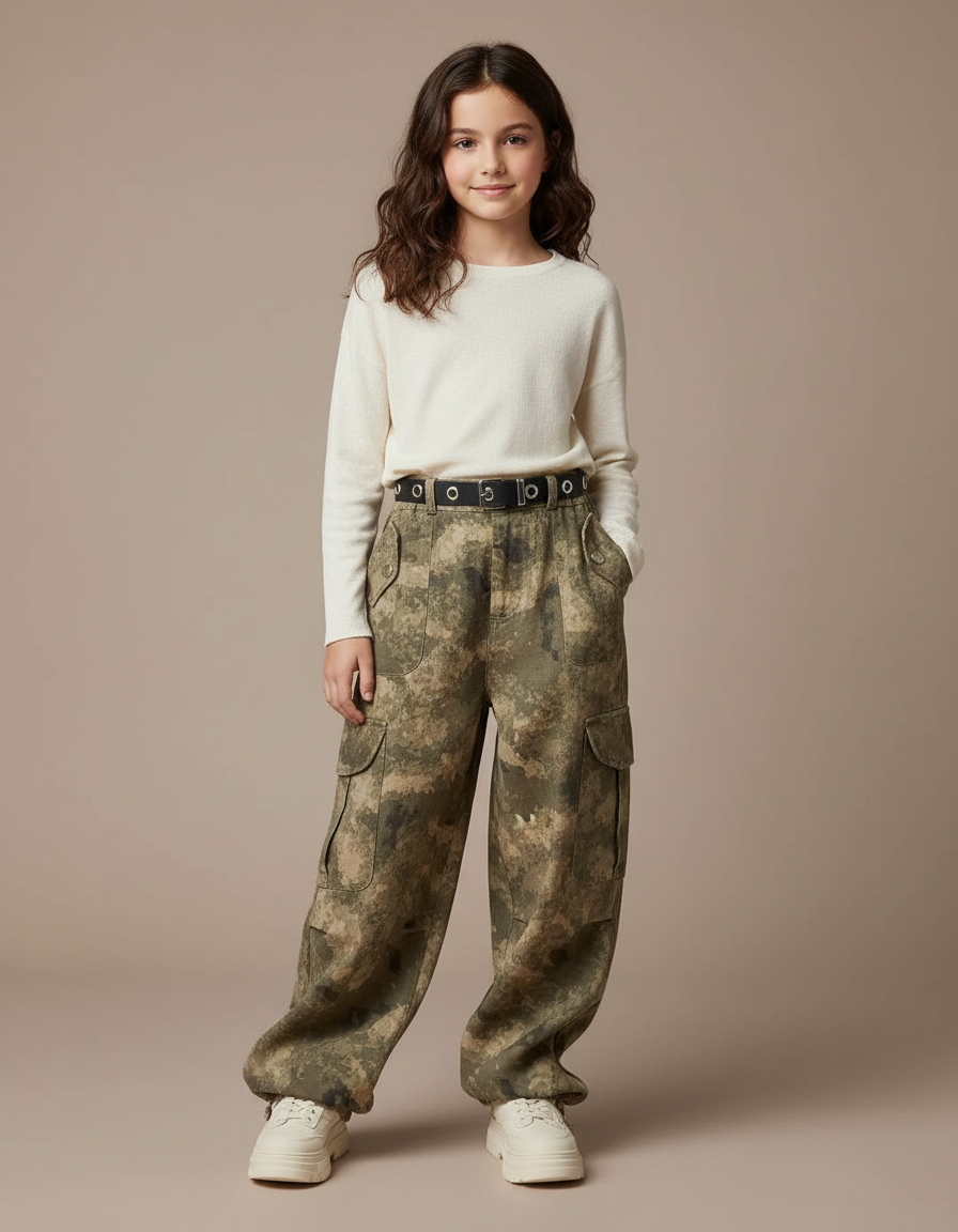 Pantalon Baggy Camouflage Ample Cargo Enfant Tendance - Kaki Toile