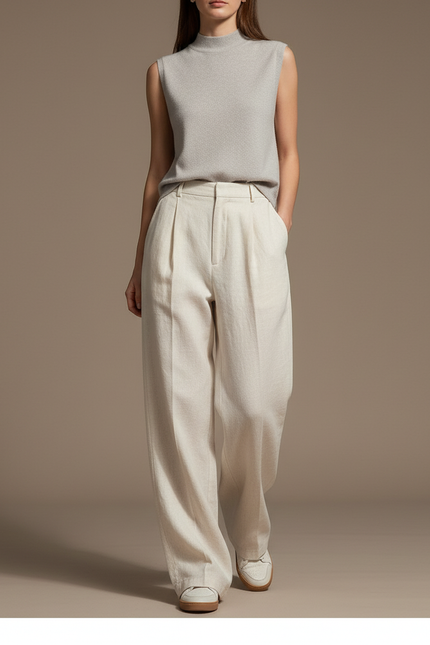 Pantalon Baggy Blanc Cassé Laine Ample Plissé Femme - Beige