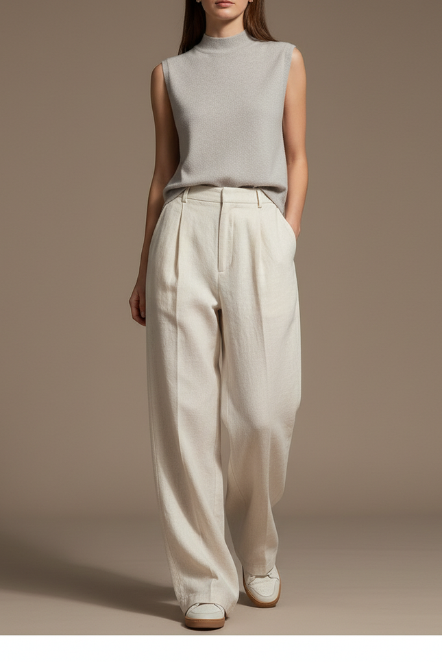 Pantalon Baggy Blanc Cassé Laine Ample Plissé Femme - Beige