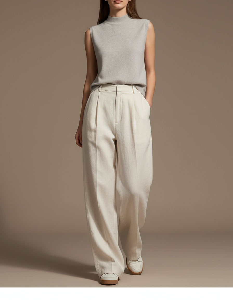 Pantalon Baggy Blanc Cassé Laine Ample Plissé Femme - Beige