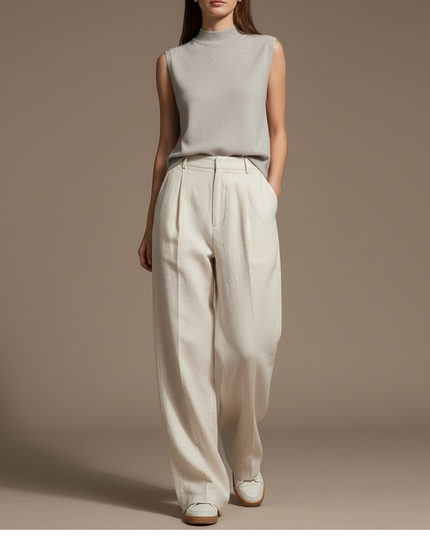 Pantalon Baggy Blanc Cassé Laine Ample Plissé Femme - Beige