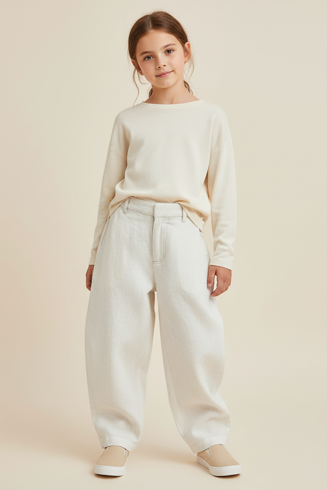 Pantalon Baggy Crème Lin Ample Décontracté Enfant - Beige