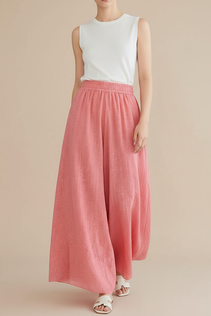 Pantalon Baggy Rose Ample Lin Taille Haute Femme