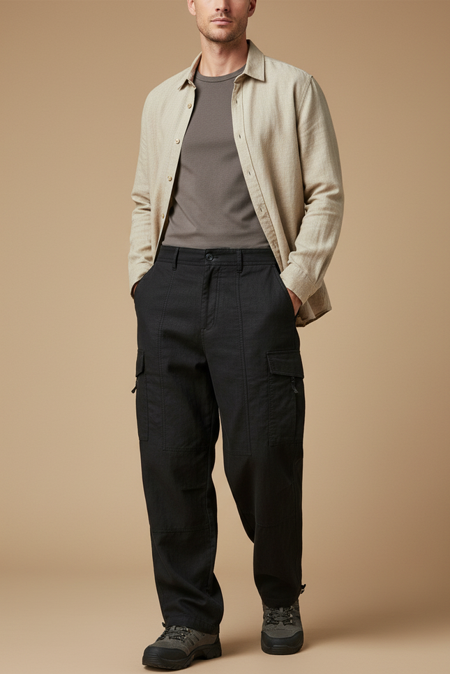 Pantalon Baggy Noir Cargo Décontracté Homme Multi-poches - Toile