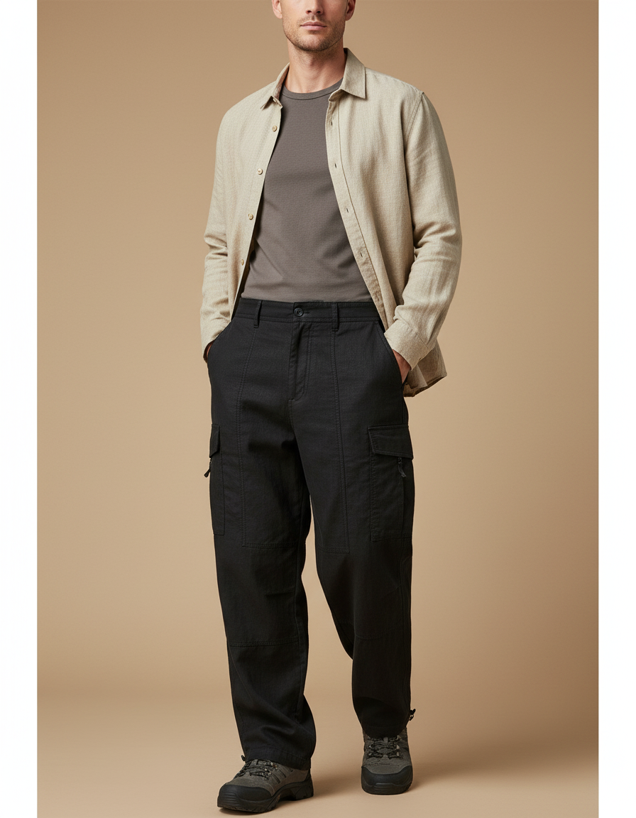 Pantalon Baggy Noir Cargo Décontracté Homme Multi-poches - Toile