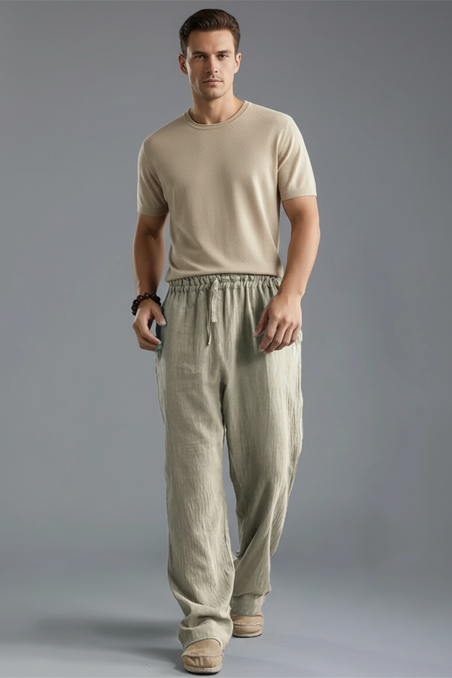 Pantalon Baggy Lin Coton Uni Décontracté Homme - Kaki