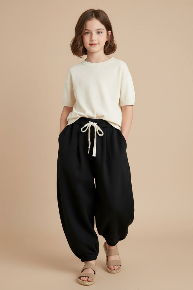 Pantalon Baggy Noir Ample Coton Décontracté Fille