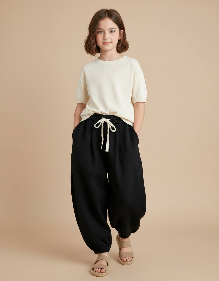 Pantalon Baggy Noir Ample Coton Décontracté Fille