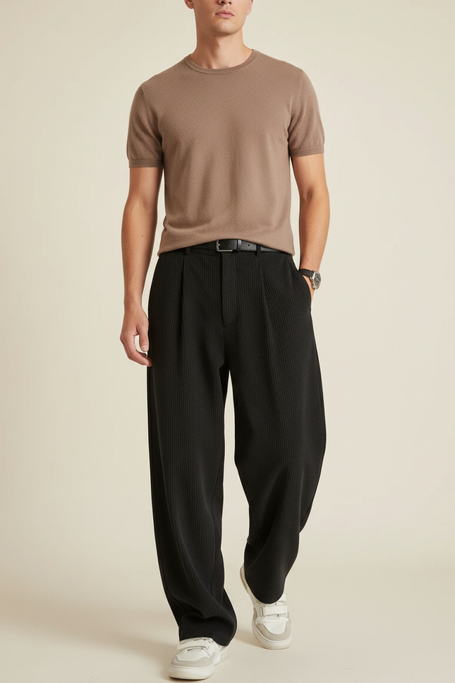 Pantalon Baggy Noir Côtelé Ample Décontracté Plissé - Cordé