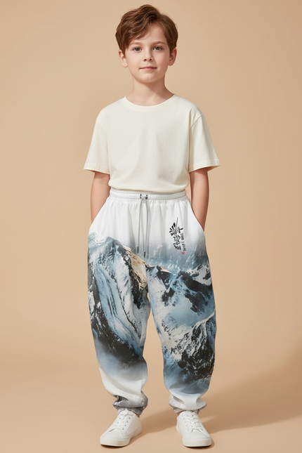 Pantalon Baggy Blanc Imprimé Montagne Neigeux Garçon - Molleton