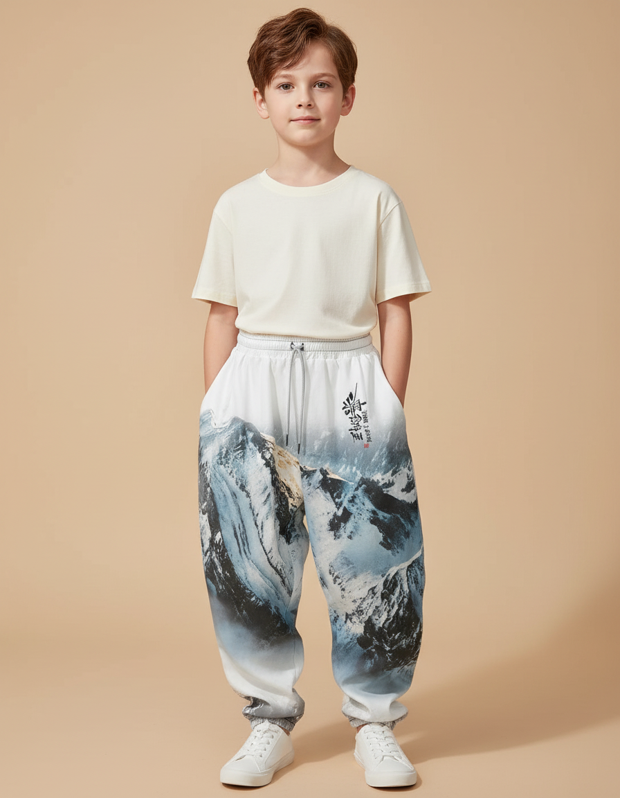 Pantalon Baggy Blanc Imprimé Montagne Neigeux Garçon - Molleton