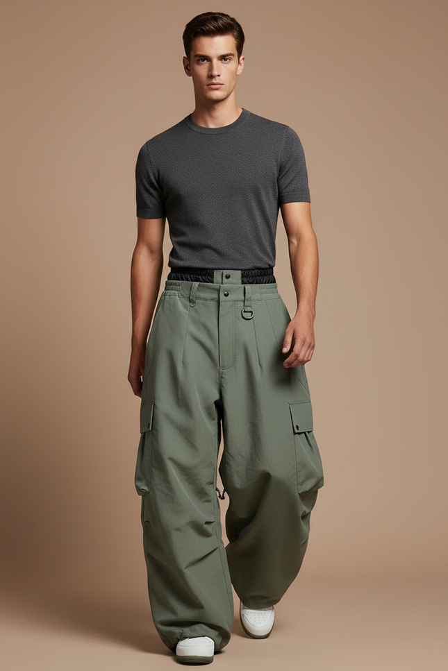 Pantalon Baggy Vert Kaki Ample Cargo Plissé Homme - Polyester
