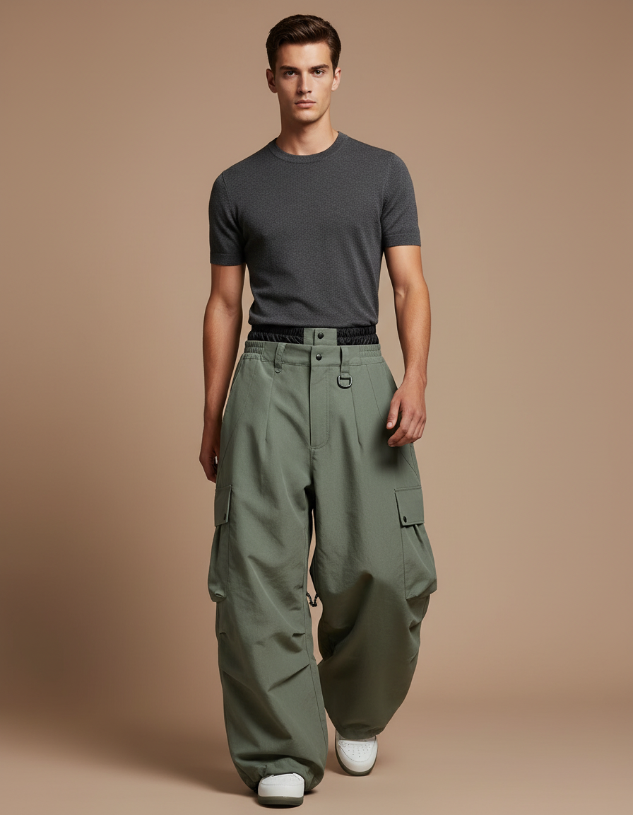 Pantalon Baggy Vert Kaki Ample Cargo Plissé Homme - Polyester