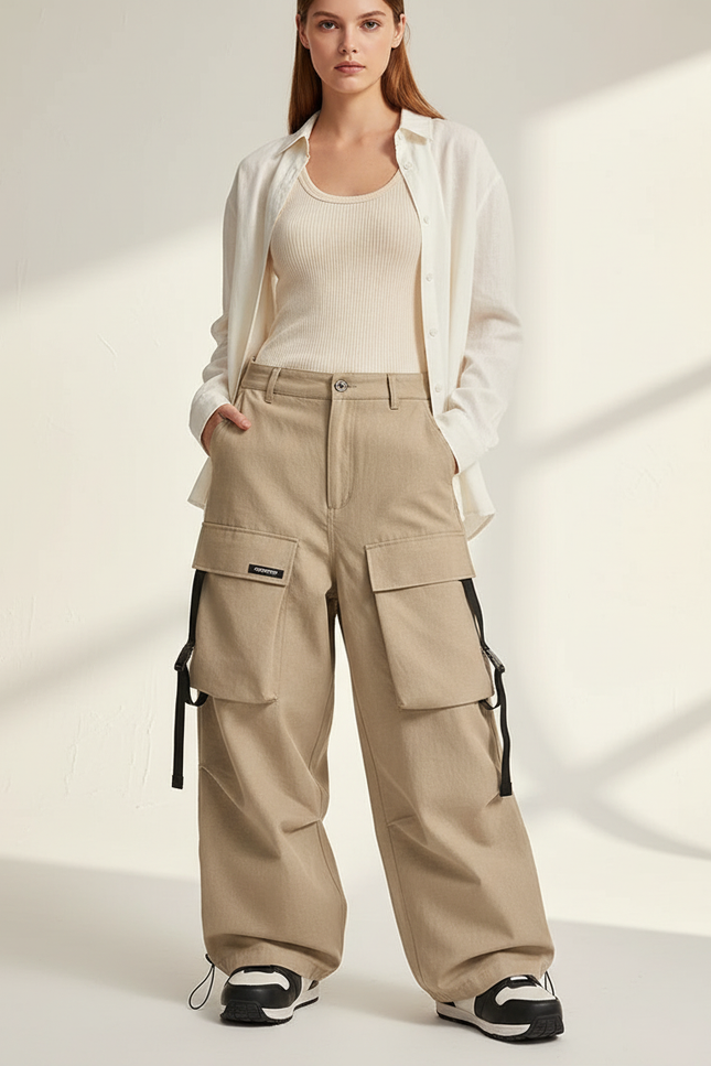 Pantalon Baggy Cargo Ample Beige Décontracté Femme - Toile