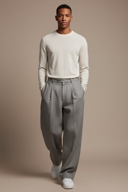 Pantalon Baggy Gris Plissé Ample Homme Décontracté - Laine