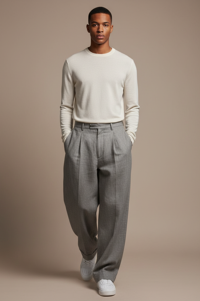 Pantalon Baggy Gris Plissé Ample Homme Décontracté - Laine