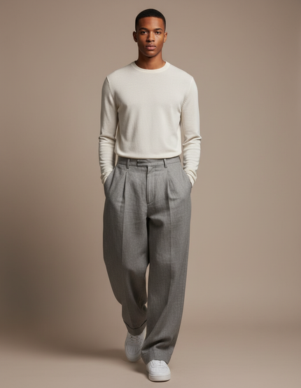 Pantalon Baggy Gris Plissé Ample Homme Décontracté - Laine