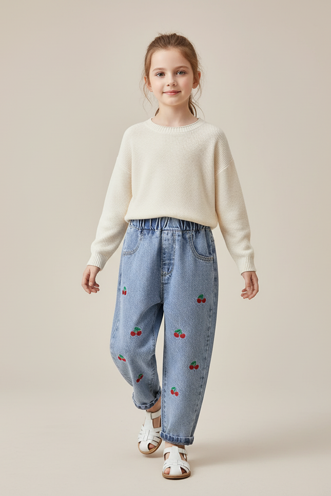 Pantalon Baggy Jean Bleu Brodé Cerises Enfant