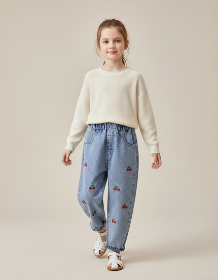 Pantalon Baggy Jean Bleu Brodé Cerises Enfant