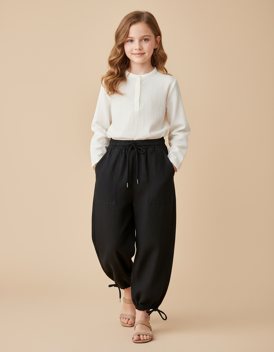 Pantalon Baggy Noir Lin Ample Décontracté Enfant