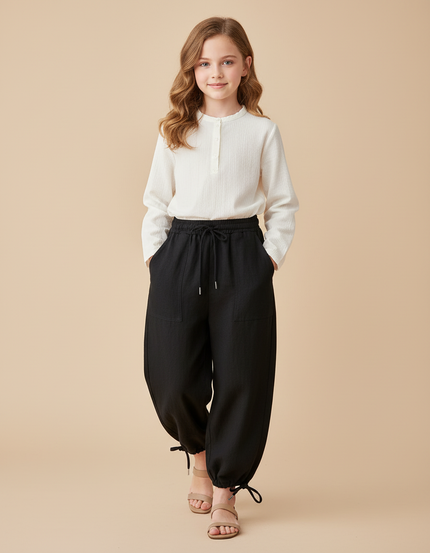 Pantalon Baggy Noir Lin Ample Décontracté Enfant