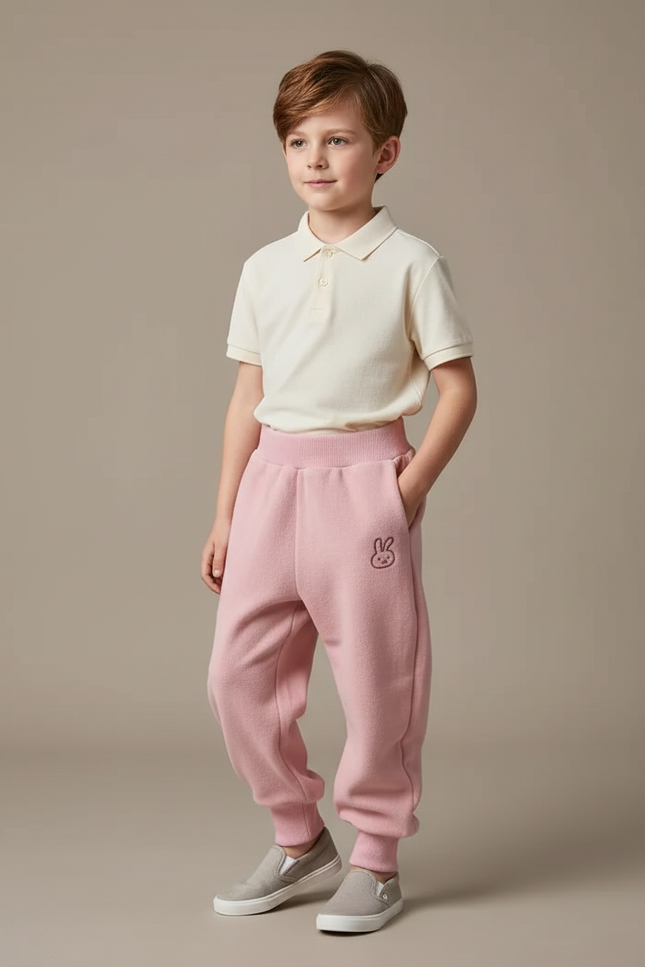 Pantalon Baggy Rose Molletonné Brodé Confortable Enfant