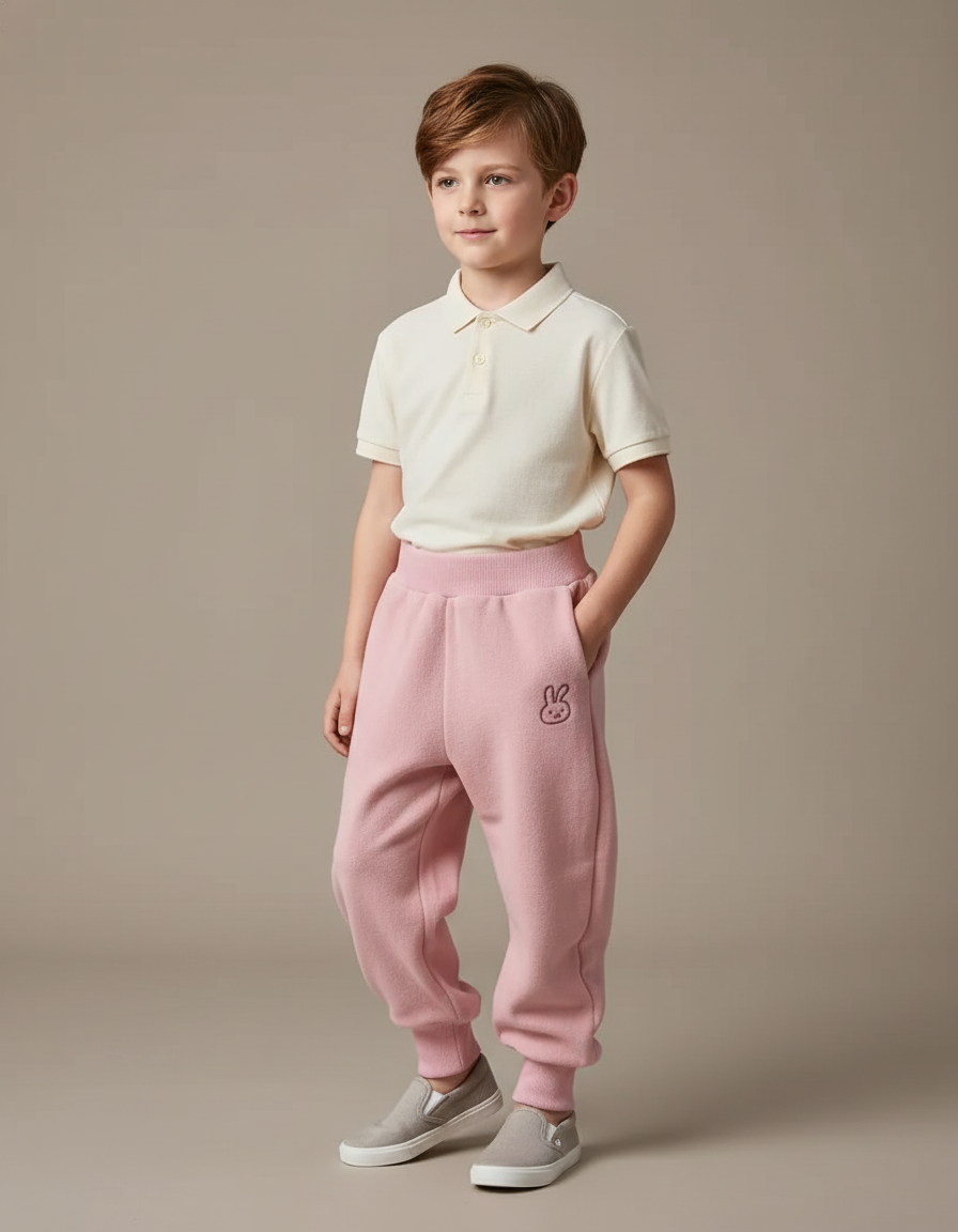 Pantalon Baggy Rose Molletonné Brodé Confortable Enfant