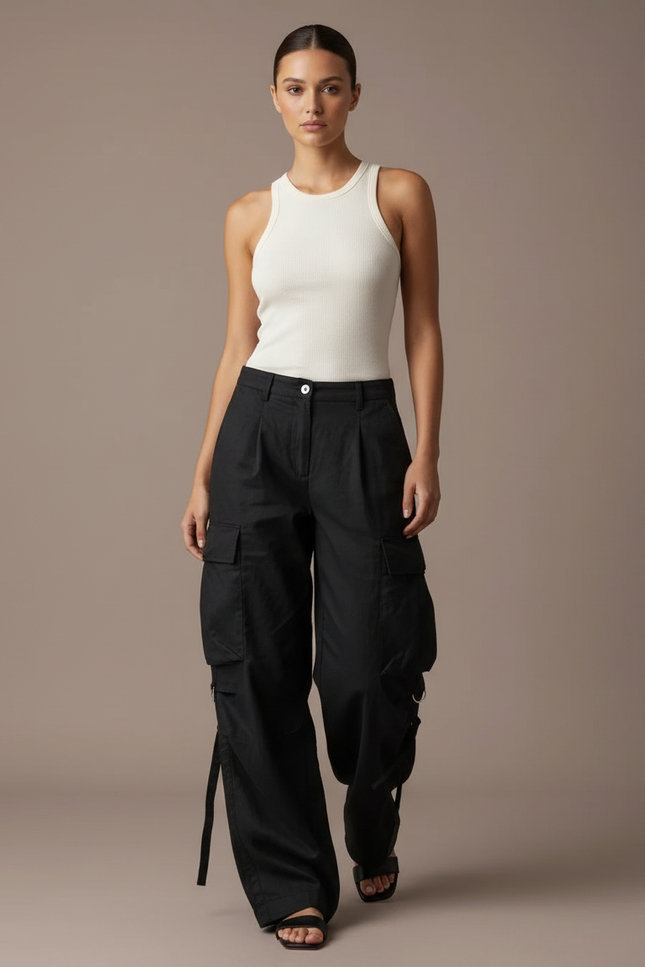 Pantalon Baggy Noir Cargo Ample Streetwear Poches - Toile
