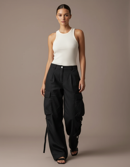 Pantalon Baggy Noir Cargo Ample Streetwear Poches - Toile
