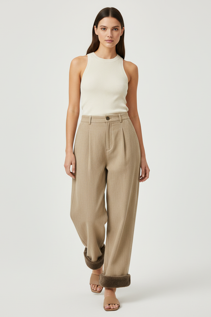 Pantalon Baggy Beige Laine Plissé Ample Décontracté Chaud - Camel