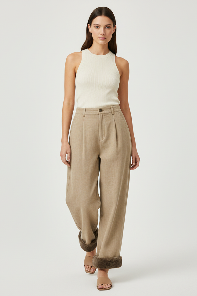 Pantalon Baggy Beige Laine Plissé Ample Décontracté Chaud - Camel